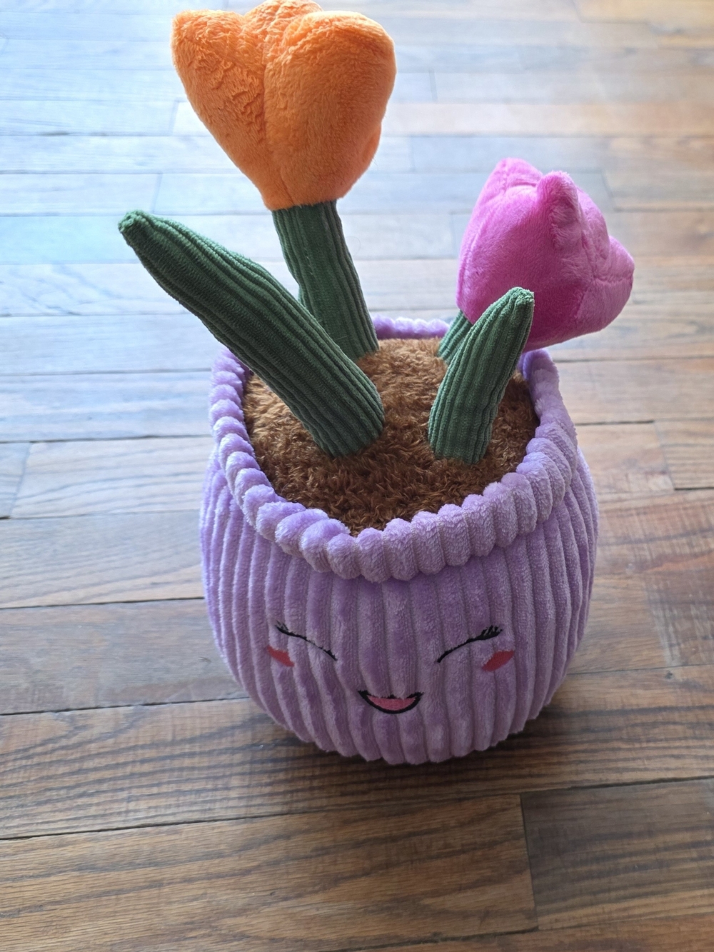 Plush Purple Smiling Flower Pot with Orange & Pink Tulips - Kids Stuffed Toy